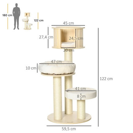 Kočičí strom se 3 patry, domečkem a sisalovými sloupky, 122 cm