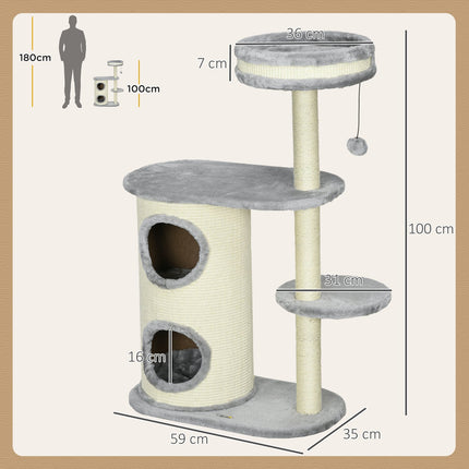 Cat Scratching Tower: 2 Caves, Rope Posts, Plush, Gray