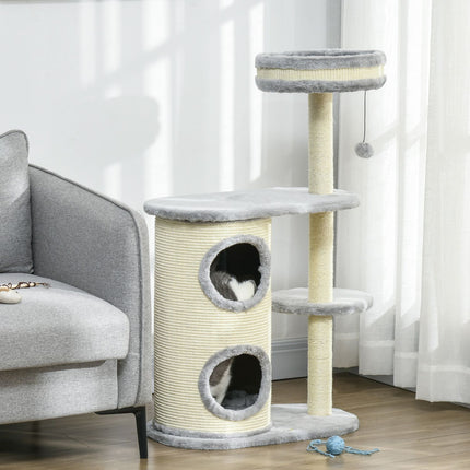 Cat Scratching Tower: 2 Caves, Rope Posts, Plush, Gray