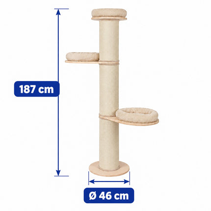 Cat Scratching Tree with 3 Cushioned Platforms, 187 cm – Beige, Sisal Post