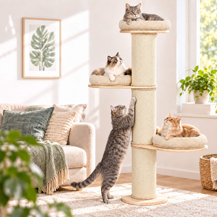 Cat Scratching Tree with 3 Cushioned Platforms, 187 cm – Beige, Sisal Post