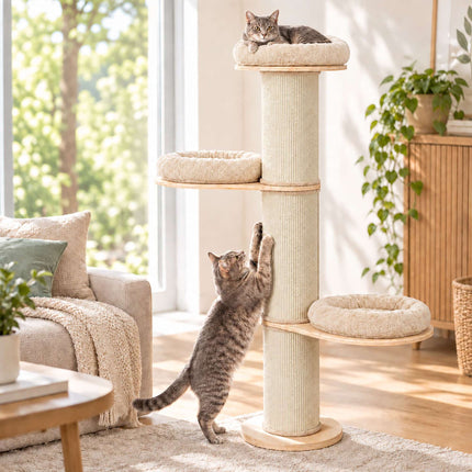 Cat Scratching Tree with 3 Cushioned Platforms, 187 cm – Beige, Sisal Post