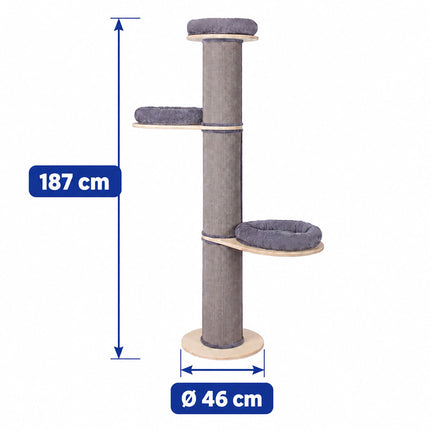 Cat Scratching Tree with 3 Cushioned Platforms, 187 cm – Grey, Sisal Post