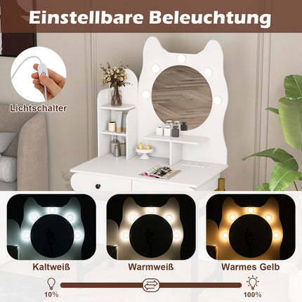 Schminktisch in Katzenform mit Spiegel, LED-Beleuchtung und Schubladen