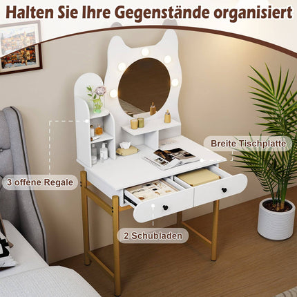 Schminktisch in Katzenform mit Spiegel, LED-Beleuchtung und Schubladen