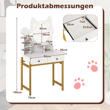 Schminktisch in Katzenform mit Spiegel, LED-Beleuchtung und Schubladen