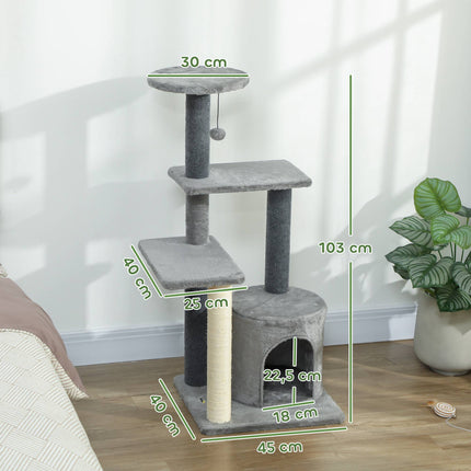 Kočičí strom 103 cm s plošinami a sisalovými sloupky, šedá