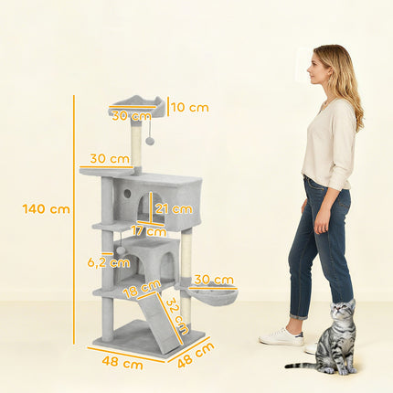 Kočičí strom 140 cm, víceúrovňový, sisalové sloupky, houpací síť