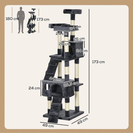 Cat Tree 173 cm with Sisal Posts and Plush, Dark Grey