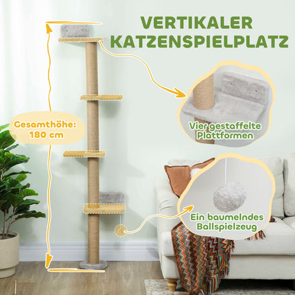 Kočičí strom, 5patrový, sisalové sloupky, plyšová látka, světle šedá