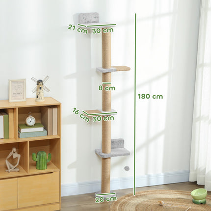 Kočičí strom, 5patrový, sisalové sloupky, plyšová látka, světle šedá