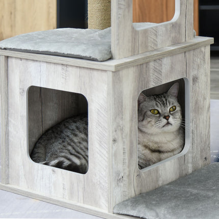 Kočičí strom s aktivním centrem – šedá juta a plyš, 67x38.5x114 cm