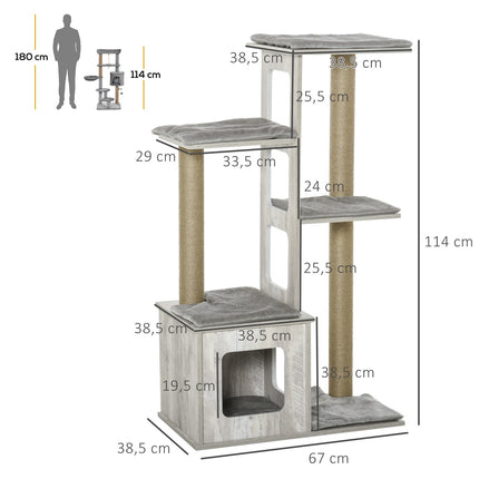 Kočičí strom s aktivním centrem – šedá juta a plyš, 67x38.5x114 cm