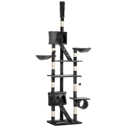 Adjustable cat tree at ceiling height with scratching post