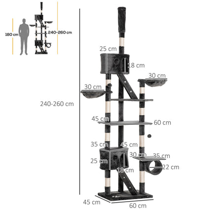 Adjustable cat tree at ceiling height with scratching post