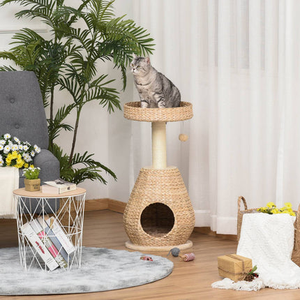 Cat tree with sisal scratching post and cave - yellow, 82.5 cm