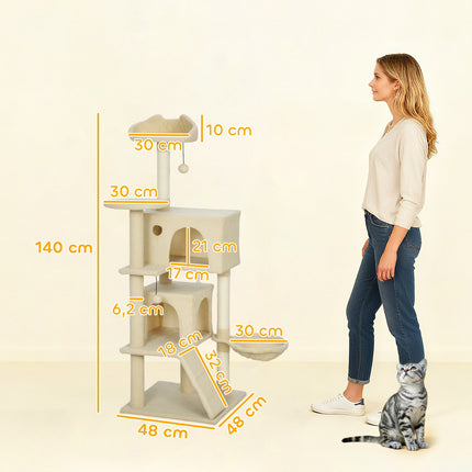 Kočičí věž s houpací sítí, žebříkem a pelíškem, 140 cm, béžová