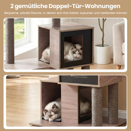 Kočičí věž se sisalovými sloupky, 2 pelíšky, 94 cm, šedá