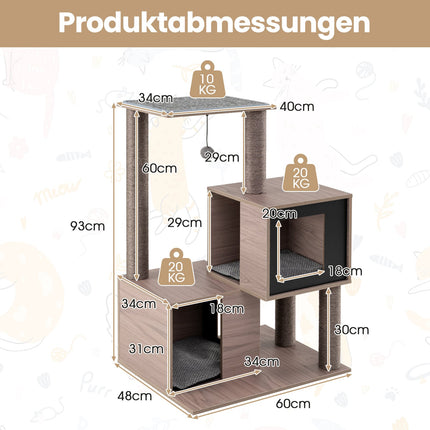 Kočičí věž se sisalovými sloupky, 2 pelíšky, 94 cm, šedá