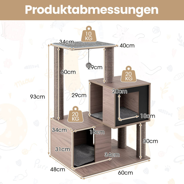 Kočičí věž se sisalovými sloupky, 2 pelíšky, 94 cm, šedá