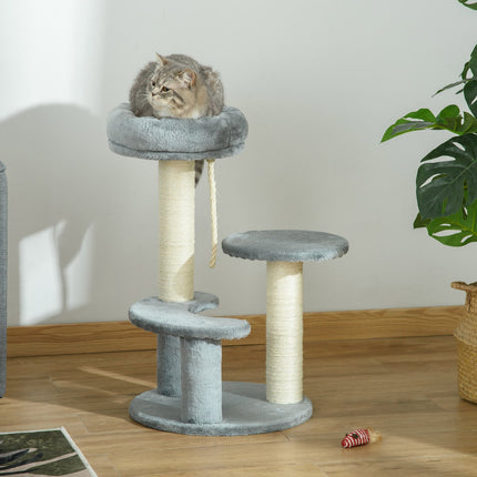 Grauer 3-stöckiger Katzenkratzbaum mit Hängematte und Sisalsäulen
