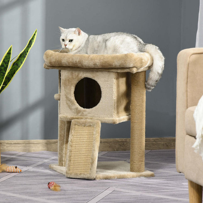 Cat tree with jute scratching mat, plush perch and door hole