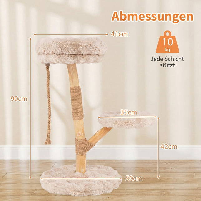 Kočičí strom se 3 plyšovými plošinami, jutové sloupky, 90 cm, béžová