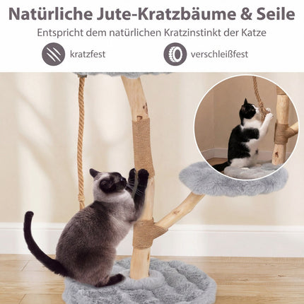 Kočičí strom se 3 plyšovými plošinami, jutové sloupky, 90 cm, šedá
