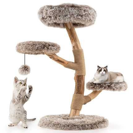 Katzenbaum mit 4 Plüsch-Ebenen, Birkenholz, Jute-Säulen