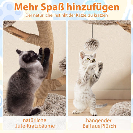 Katzenbaum mit 4 Plüsch-Ebenen, Birkenholz, Jute-Säulen