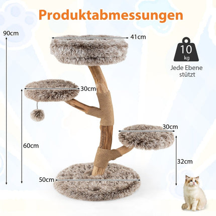 Katzenbaum mit 4 Plüsch-Ebenen, Birkenholz, Jute-Säulen