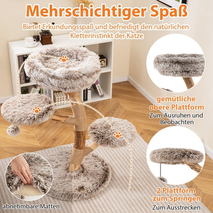Katzenbaum mit 4 Plüsch-Ebenen, Birkenholz, Jute-Säulen
