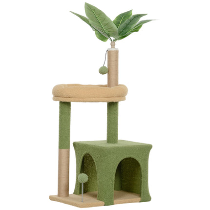 Cat Tree with Cave, Bed & Jute Posts – 98 cm, Leaf Design