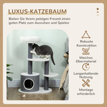 Kočičí strom s pelíškem, lůžkem, plošinami a jutovými sloupky, bílá/šedá