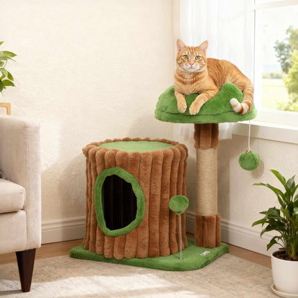 Cat Tree with Cave, Jute Posts, 2 Balls, Brown/Green