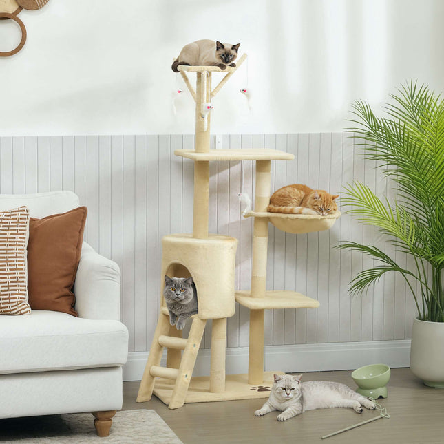 Kočičí strom s pelíškem, sisalovými sloupky a hračkami, béžová, kočky do 5kg