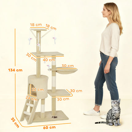Kočičí strom s pelíškem, sisalovými sloupky a hračkami, béžová, kočky do 5kg