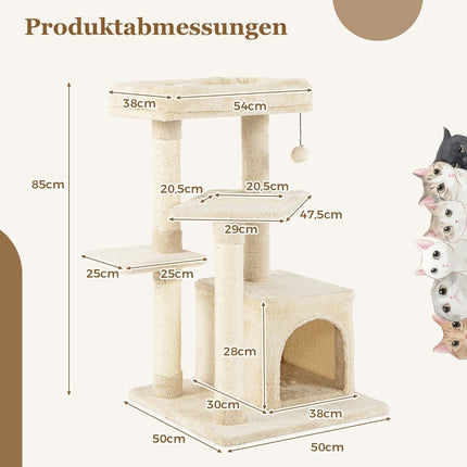 Kočičí strom s domečkem a měkkým sedákem, 85cm, béžová