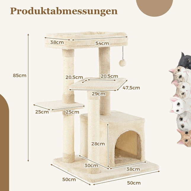Kočičí strom s domečkem a měkkým sedákem, 85cm, béžová