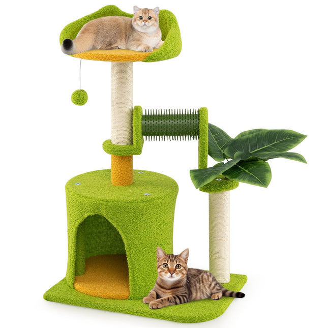 Kočičí strom s umělými listy, domečkem a plošinou - zelená