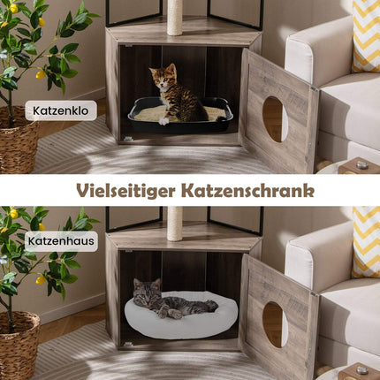 Kočičí strom se skříňkou na kočičí toaletu, škrabacími sloupky a polštářky