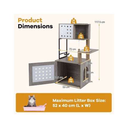 Cat Tree with Litter Box Cabinet and Feeding Station, 117.5 cm, Grey