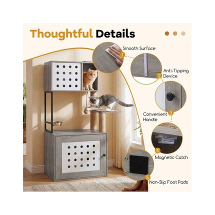 Cat Tree with Litter Box Cabinet and Feeding Station, 117.5 cm, Grey
