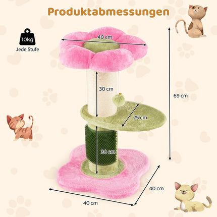 Kočičí strom s plyšovým sedákem a sisalovým sloupkem, 69 cm, růžová