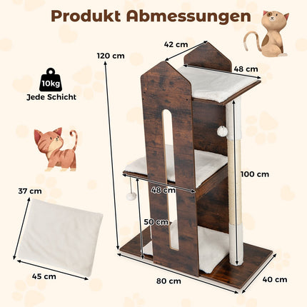 Kočičí strom se sisalovými sloupky a závěsnými míčky, 120 cm, hnědá