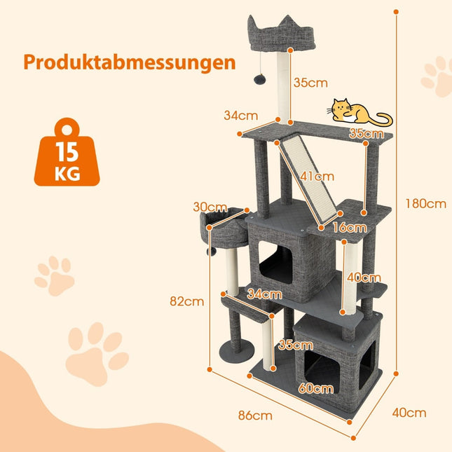 Kočičí strom se sisalovými sloupky, žebříkem a 2 domečky, 180 cm, šedá
