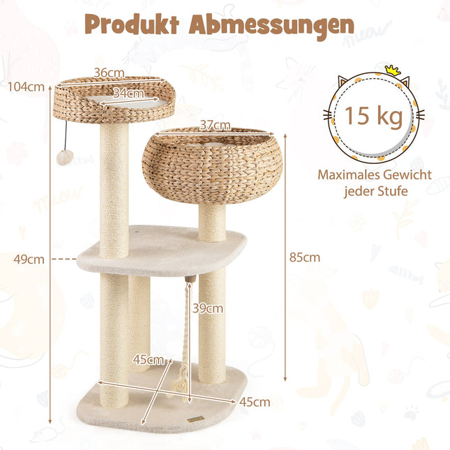 Kočičí strom se sisalovými sloupky a košíkem, 104 cm, béžová