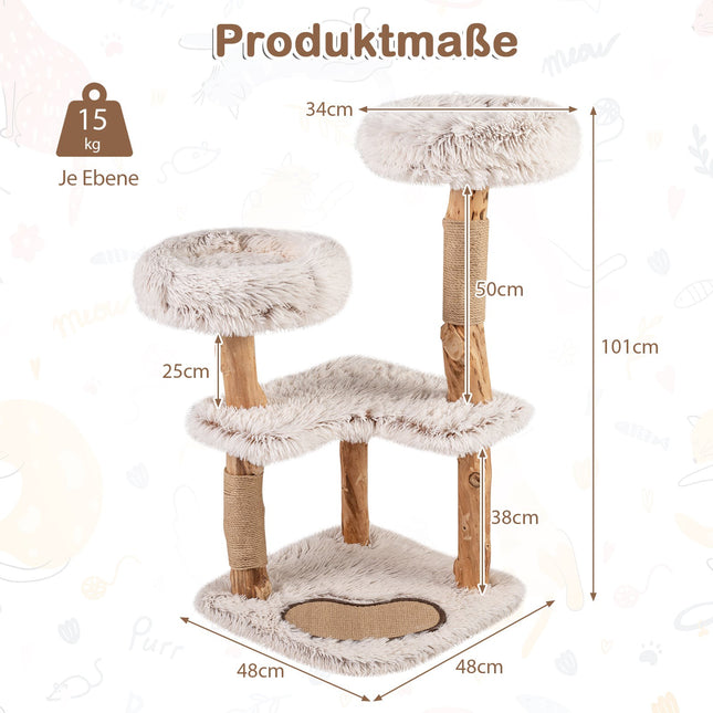 Kočičí strom z masivního dřeva s jutovými škrabacími sloupky, 101 cm