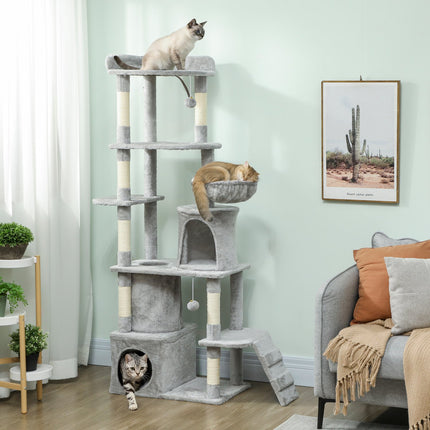 Kočičí strom s tunelem, domečky a sisalovými sloupky, 170 cm, světle šedá