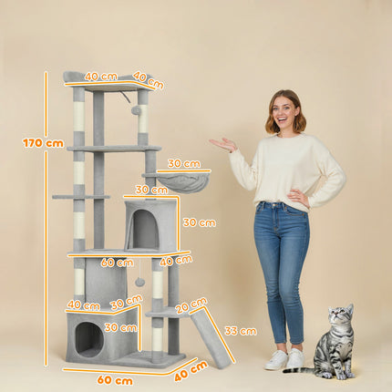Kočičí strom s tunelem, domečky a sisalovými sloupky, 170 cm, světle šedá